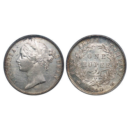 Victoria Queen, Silver, Rupee, 1840, DL, Calcutta Mint, W.W. raised, Wreath with 28 Berrie
