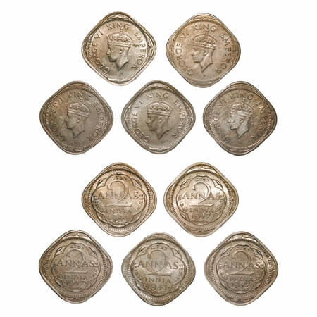 George VI, Copper-Nickel, 2 Annas, (lot of 5 coins), 1) 1941, Bombay Mint, Dots by year, H