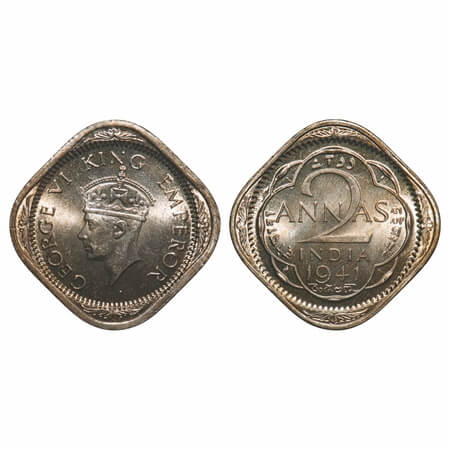 George VI, Copper-Nickel, 2 Annas, 1941, Calcutta Mint, No dots by year, Head Type II. F. 