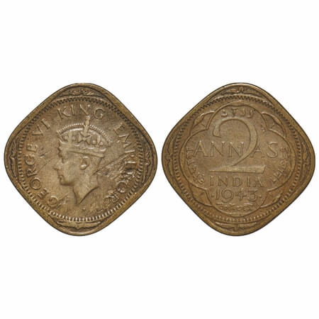 George VI, Nickel-Brass, 2 Annas, 1943, Bombay Mint, Dots by year, Head Type II, Planchat 