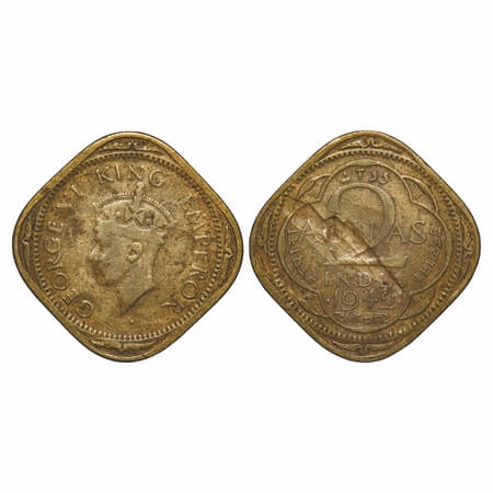 George VI, Nickel-Brass, 2 Annas, 1942, Bombay Mint, Dots by year, Head Type II, Planchat