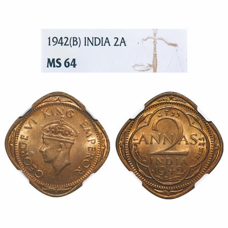 George VI, Nickel-Brass, 2 Annas, 1942, Bombay Mint, Dots by year, Head Type II, Large num