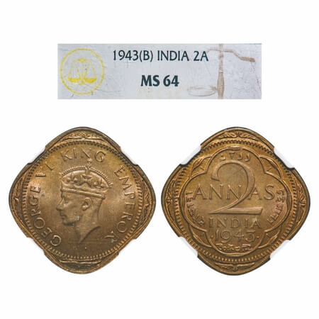 George VI, Nickel-Brass, 2 Annas, 1943, Bombay Mint, Dots by year, Head Type II. F. Prid 9
