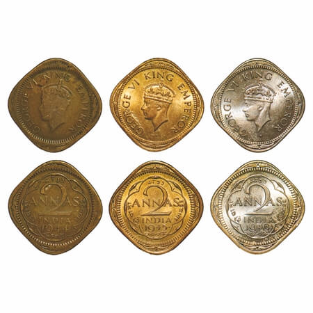 George VI, Mix metal, 2 Annas, (3 coins), 1) Nickel-Brass, 1944, Lahore Mint, No dots by y