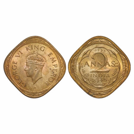 George VI, Nickel-Brass, 2 Annas, 1945, Bombay Mint, Dots by year, Head Type II, Tip of Cr