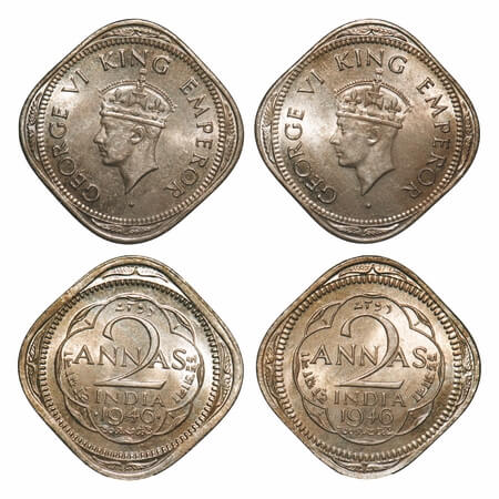 George VI, Copper-Nickel, 2 Annas, (2 coins), 1946, 1) Bombay Mint, Dots by year, Head Typ