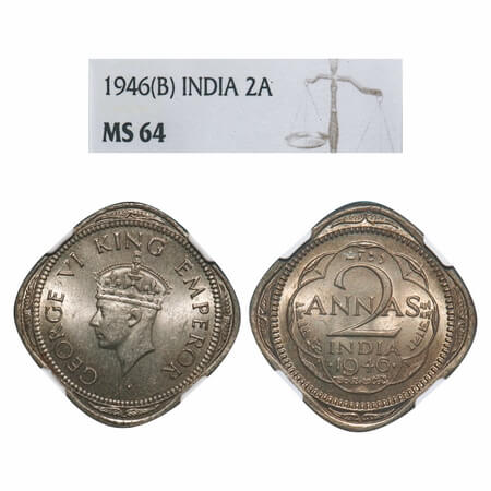 George VI, Copper-Nickel, 2 Annas, 1946, Calcutta Mint, No dots by year, Head Type II, Nor