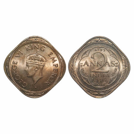 George VI, Copper-Nickel, 2 Annas, 1946, Calcutta Mint, No dots by year, Head Type II, Lar