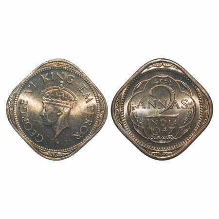 George VI, Copper-Nickel, 2 Annas, 1947, Calcutta Mint, No dots by year, Head Type II. F. 