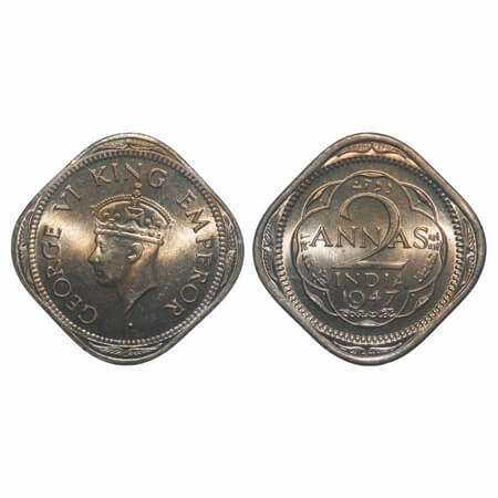 George VI, Copper-Nickel, 2 Annas, 1947, Calcutta Mint, No dots by year, Head Type II. F.