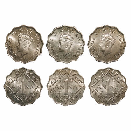 George VI, Copper-Nickel, 1 Anna, (3 coins), 1939, Bombay Mint, Dot, Head Type I. F. Prid 