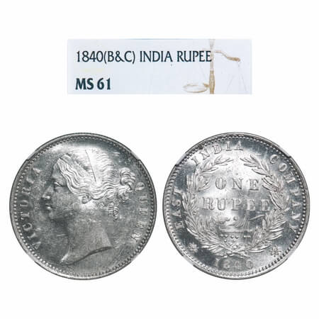 Victoria Queen, Silver, Rupee, 1840, DL, Calcutta Mint, W.W. raised, Wreath with 28 Berrie