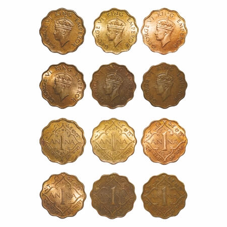 George VI, Nickel-Brass, 1 Anna, (lot of 6 coins), 1 & 2) 1942, Bombay Mint, Dot, Head Typ