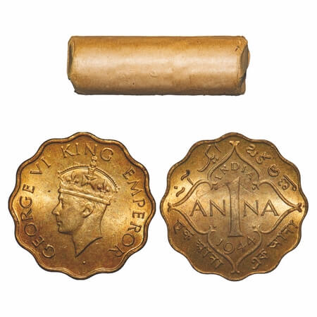George VI, Nickel-Brass, 1 Anna, (Roll of 40 coins), 1944, Calcutta Mint, No dot, Head Typ
