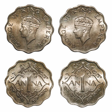 George VI, Copper-Nickel, 1 Anna, (2 coins), 1947, Bombay Mint, Dot, Head Type II, Tip of 