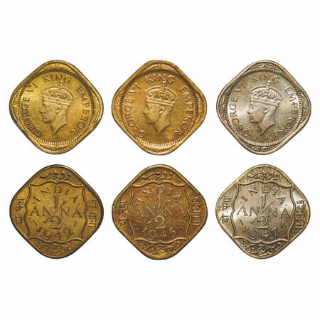 George VI, Mix Metal, 1/2 Anna, (3 coins), 1) Nickel-Brass, 1942, Bombay Mint, Dots by Ind