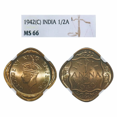 George VI, NIckel-Brass, 1/2 Anna, 1942, Bombay Mint, Dots by India, Dashes by year (Calcu