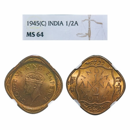 George VI, Nickel-Brass, 1/2 Anna, 1945, Calcutta Mint, Dots by India, Dashes by year. F.