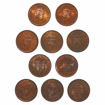 George VI, Bronze, Quarter Anna, (lot of 5 coins), 1) 1938, Calcutta Mint, No dot, Head Ty