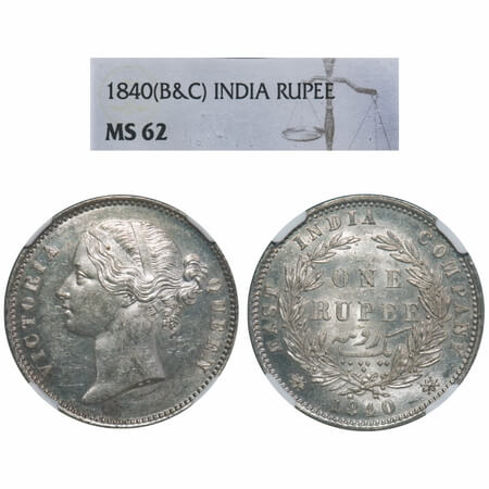 Victoria Queen, Silver, Rupee, 1840 DL, Calcutta Mint, W.W. raised, Wreath with 28 Berries