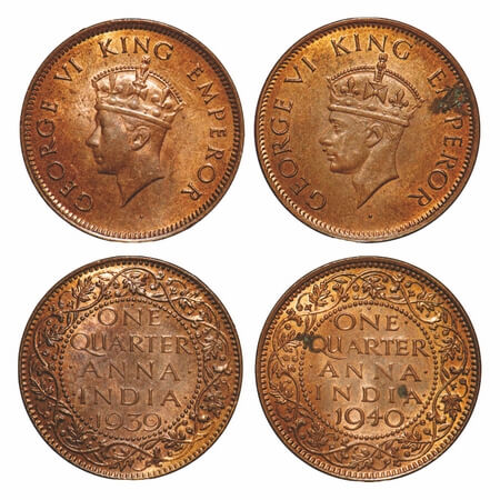 George VI, Bronze, Quarter Anna, (2 coins), 1) 1939, Bombay Mint, Dot, Head Type I, 2) 194