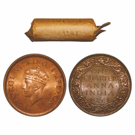 George VI, Bronze, Quarter Anna, (Roll of 32 coins), 1939, Calcutta Mint, No dot, Head Typ