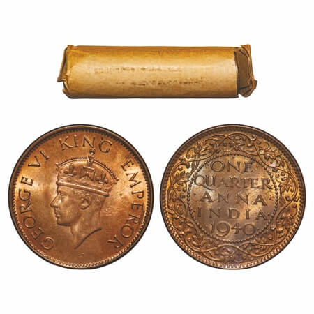 George VI, Bronze, Quarter Anna, (Roll of 32 coins), 1940, Bombay Mint, Dot, Head Type II,