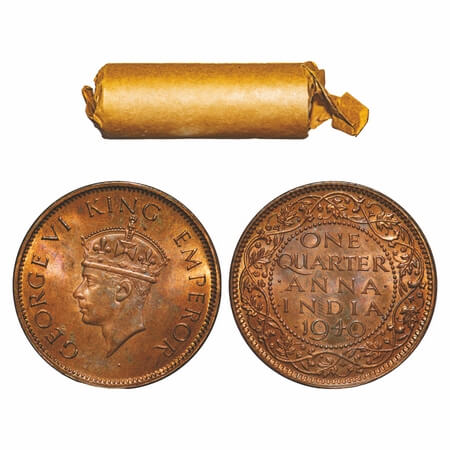 George VI, Bronze, Quarter Anna, (Roll of 32 coins), 1940, Calcutta Mint, No dot, Head Typ