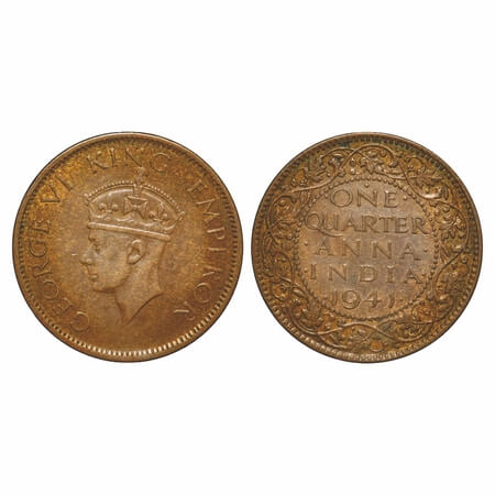 George VI, Bronze, Quarter Anna, 1941, Bombay Mint, Dot, Head Type II. F. Prid 693. GK 142
