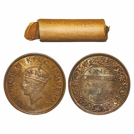 George VI, Bronze, Quarter Anna, (Roll of 32 coins), 1941, Calcutta Mint, No dot, Head Typ