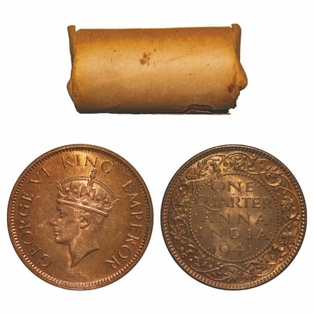 George VI, Bronze, Quarter Anna, (Roll of 32 coins), 1941, Calcutta Mint, No dot, Head Typ
