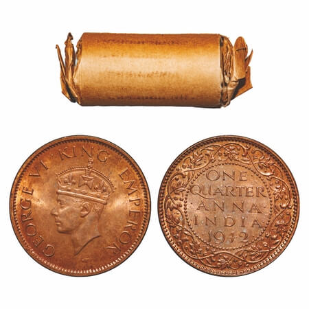 George VI, Bronze, Quarter Anna, (Roll of 32 coins), 1942, Calcutta Mint, No dot, Head Typ