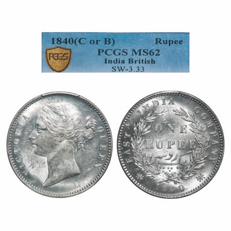 Victoria Queen, Silver, Rupee, 1840, DL, Calcutta Mint, W.W. raised, Wreath with 28 Berrie