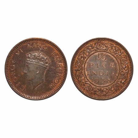 George VI, Bronze, 1/2 Pice, 1938, Calcutta Mint, No dot, Head Type I. F. Prid Unlisted. G