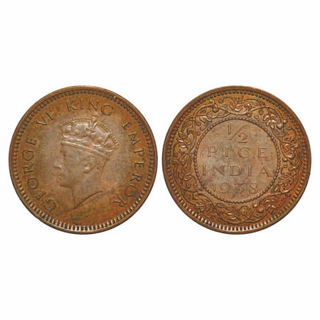 George VI, Bronze, 1/2 Pice, 1938, Calcutta Mint, Head Type I, No dot. F. Prid Unlisted. G