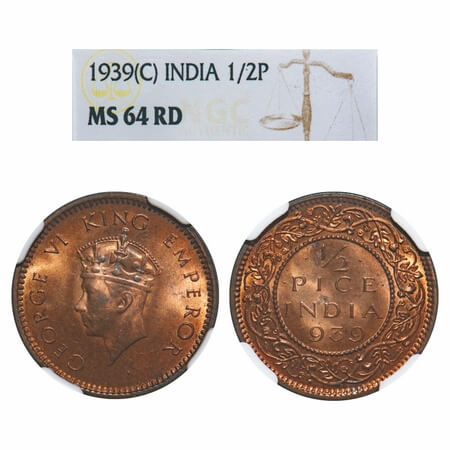 George VI, Bronze, 1/2 Pice, 1939, Calcutta Mint, No dot, Head Type I. F. Prid 771. GK 145