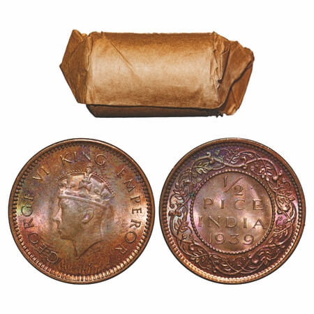 George VI, Bronze, 1/2 Pice, (Roll of 24 coins), 1939, Calcutta Mint, No dot, Head Type I,