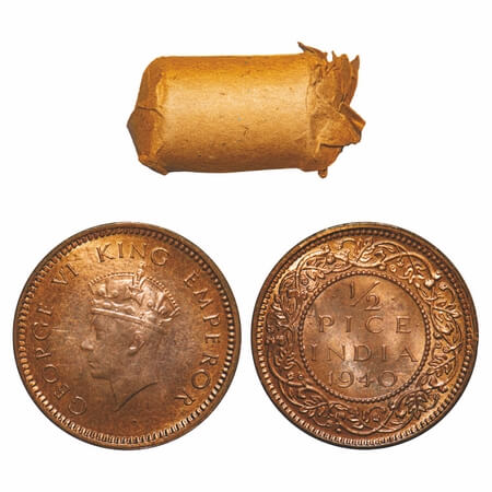 George VI, Bronze, 1/2 Pice, (Roll of 24 coins), 1940, Calcutta Mint, No dot, Head Type I,