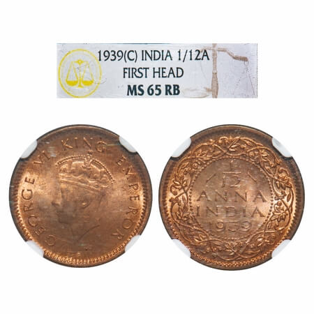George VI, Bronze, 1/12 Anna, 1939, Calcutta Mint, No dot, Head Type I. F. Prid 859. GK 14