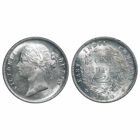 Victoria Queen, Silver, Rupee, 1840, DL, Calcutta Mint, W.W. raised, Wreath with 28 Berrie