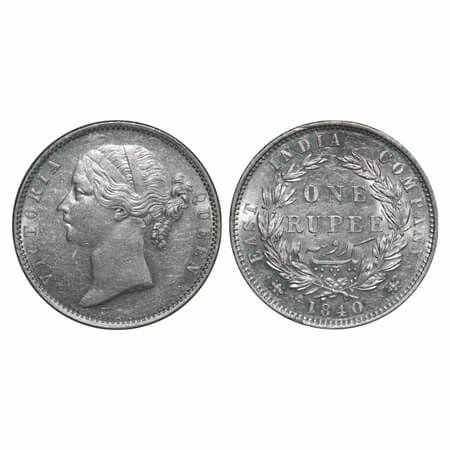 Victoria Queen, Silver, Rupee, 1840, DL, Madras Mint, W.W. R raised, Wreath with 28 Berrie
