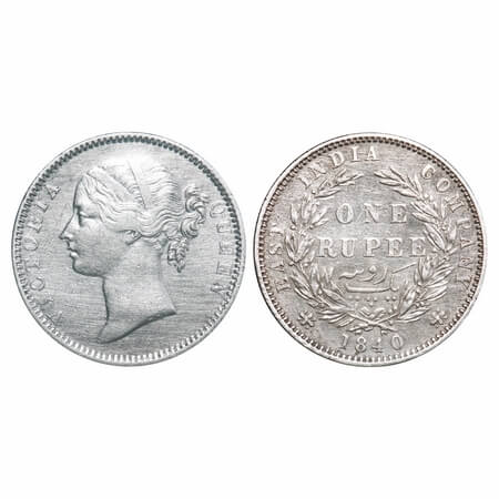 Victoria Queen, Silver, Rupee, 1840, DL, Madras Mint, W.W. 'B.' raised (dot after B), Wrea