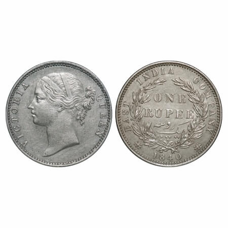 Victoria Queen, Silver, Rupee, 1840, DL, Madras Mint, W.W. B. raised, Dot after B, Wreath