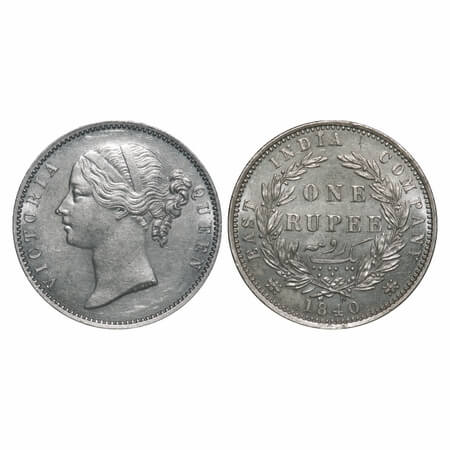 Victoria Queen, Silver, Rupee, 1840, DL, Madras Mint, W.W. 'S'. raised, Wreath with 28 Ber