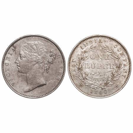 Victoria Queen, Silver, Rupee, 1840, DL, Madras Mint, W.W. 'S' raised, Wreath with 28 Berr