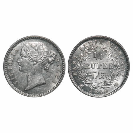 Victoria Queen, Silver, 1/4 Rupee, 1840, DL, Calcutta Mint, W.W. raised, Wreath with 10 Be