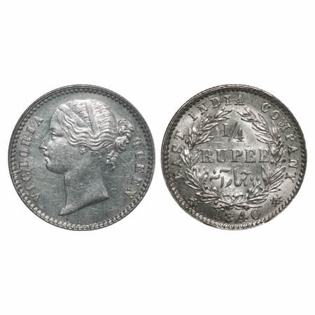 Victoria Queen, Silver, 1/4 Rupee, 1840, DL, Calcutta Mint, W.W. raised, Wreath with 10 Be