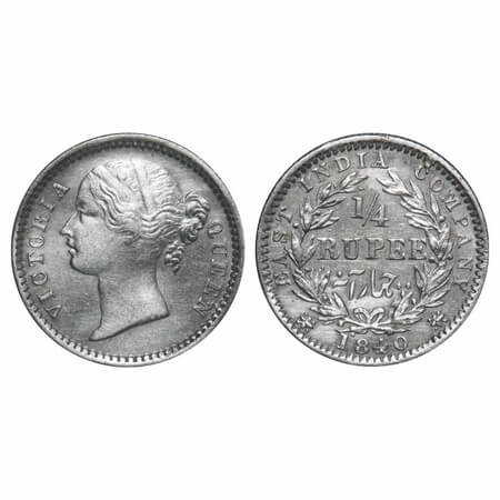Victoria Queen, Silver, 1/4 Rupee, 1840, DL, Madras Mint, W.W. 'S' raised, Wreath with 10 