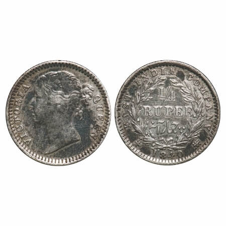 Victoria Queen, Silver, 1/4 Rupee, 1840, DL, Madras Mint, W.W. 'S' raised, Wreath with 10 