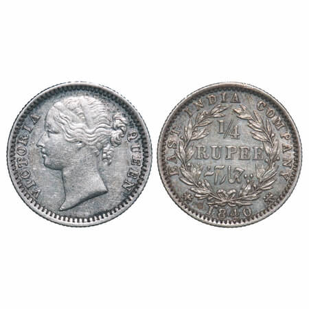 Victoria Queen, Silver, 1/4 Rupee, 1840, DL, Madras Mint, W.W. 'S' raised, Wreath with 10 